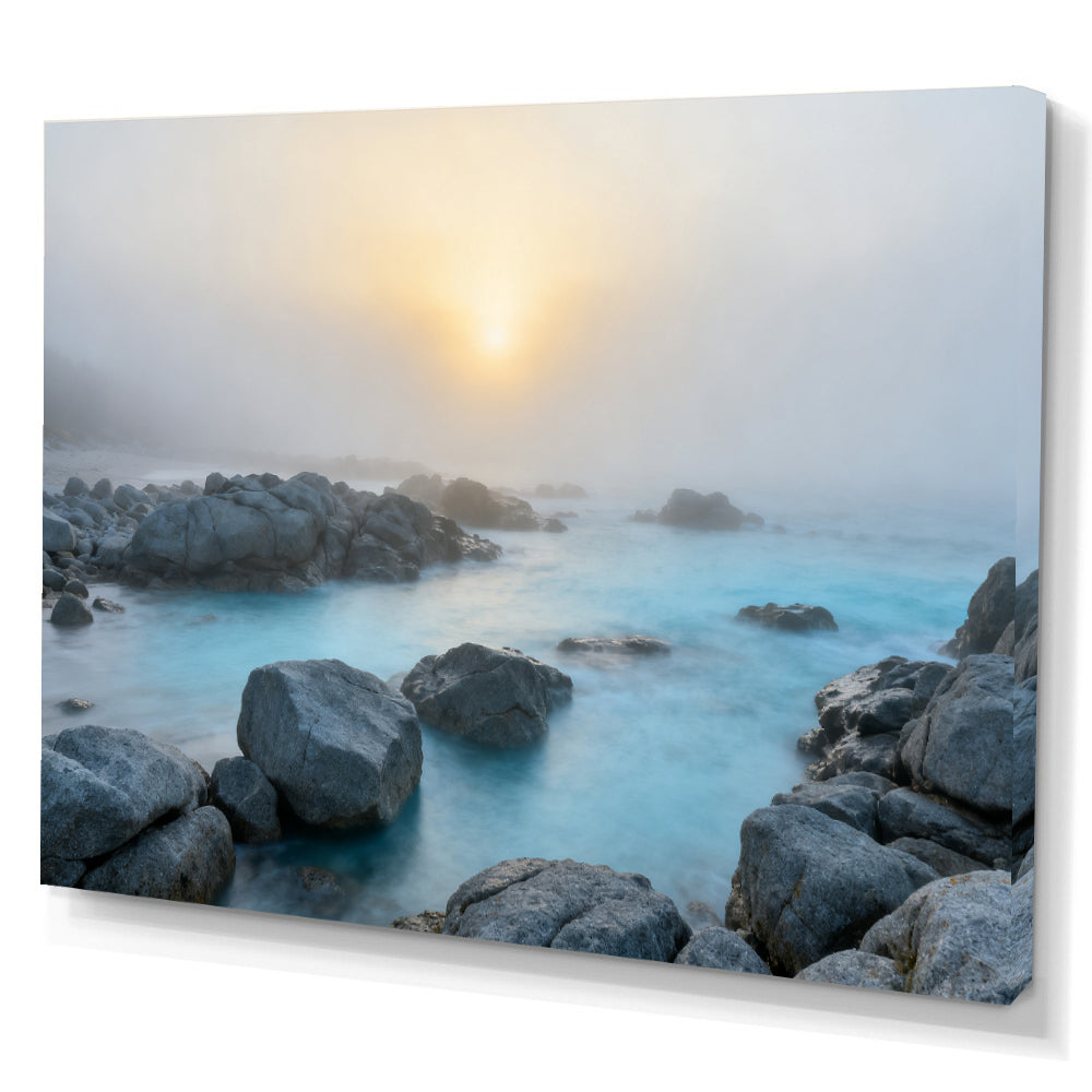 Misty Rocky Shore canvas wall art, angled canvas mockup on a white background.