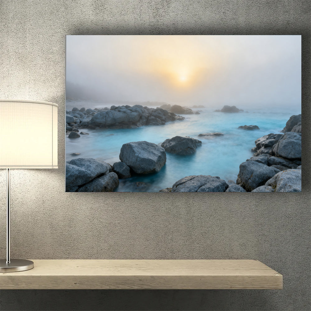 Misty Rocky Shore canvas wall art, wall mockup above a console.