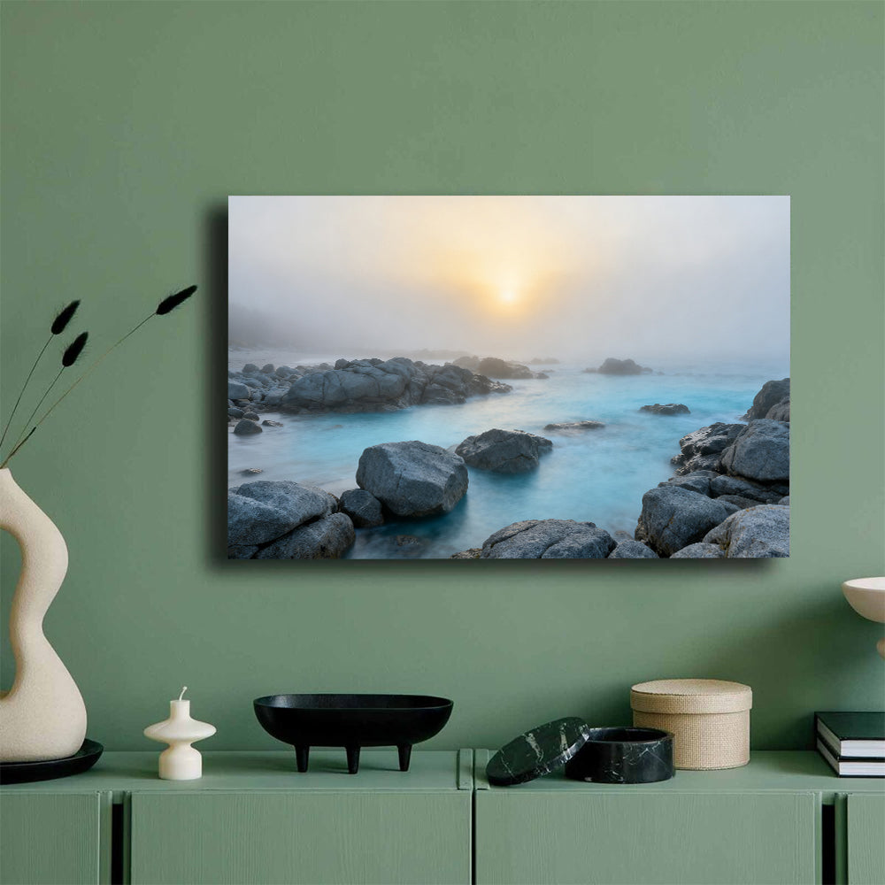 Misty Rocky Shore canvas wall art, mockup on a green wall.