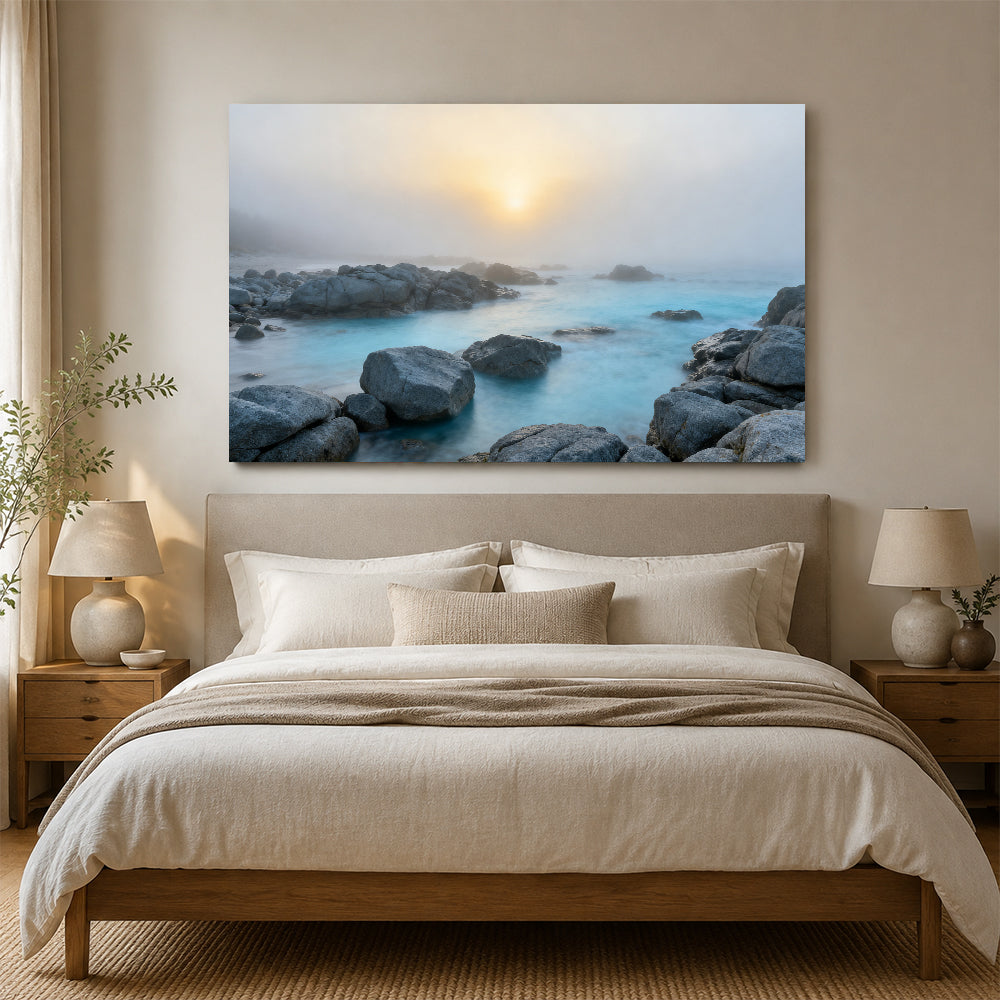 Misty Rocky Shore canvas wall art, bedroom mockup above a bed.