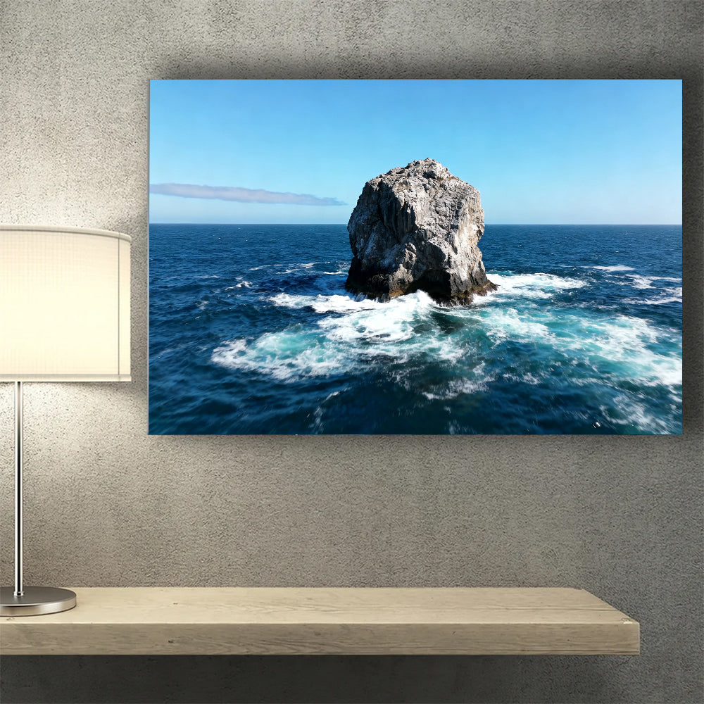 Solitary Sea Stack canvas wall art, wall mockup above a console.