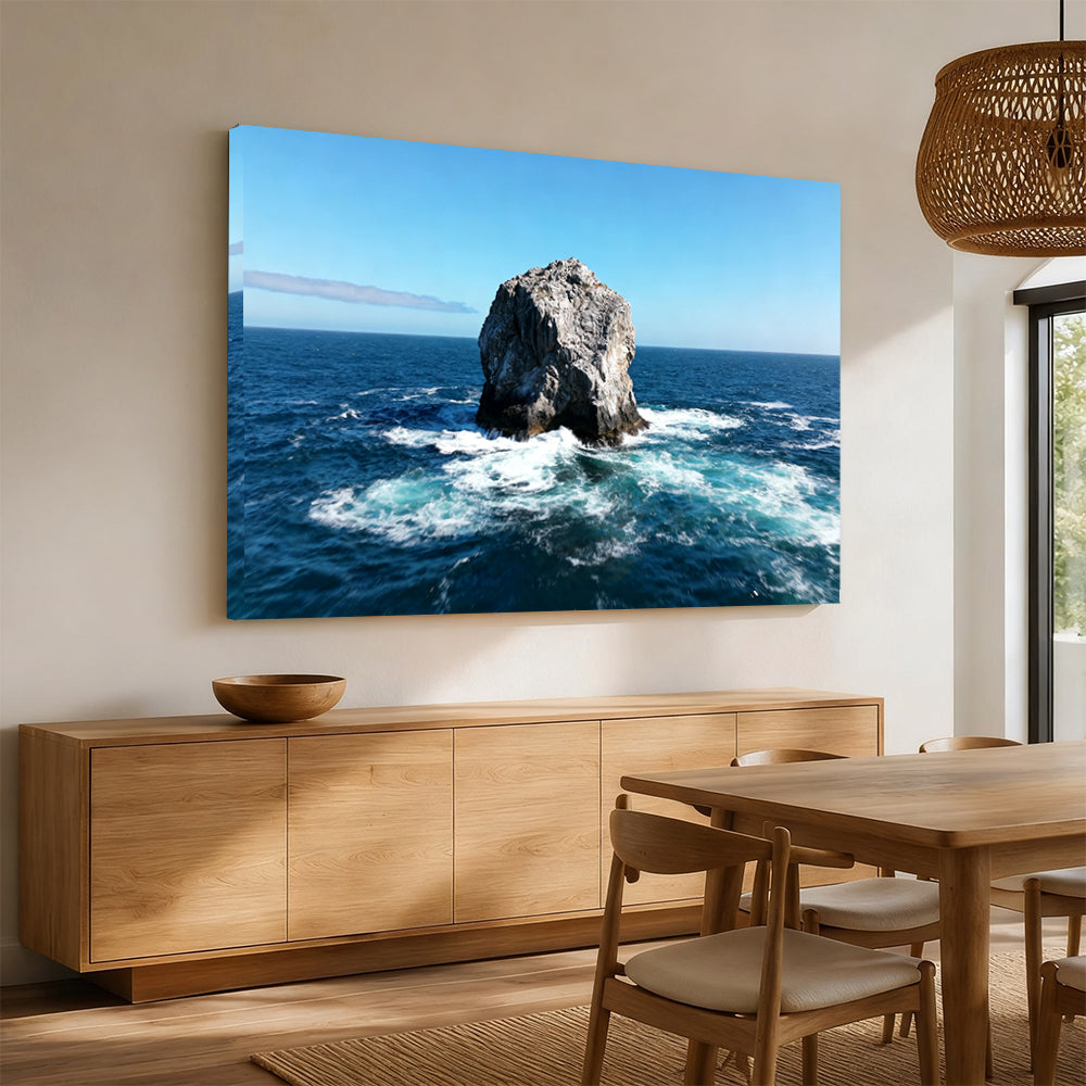 Solitary Sea Stack canvas wall art, angled mockup above a sideboard.