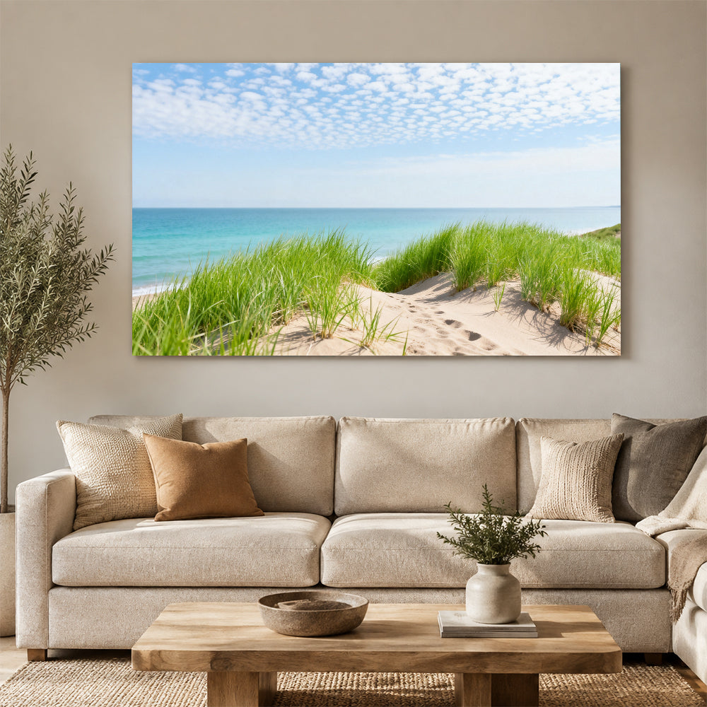 Dune Grass and Sea canvas wall art, living room mockup above a sofa.