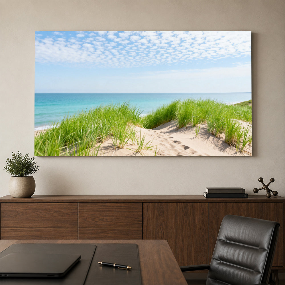 Dune Grass and Sea canvas wall art, office mockup above a desk.