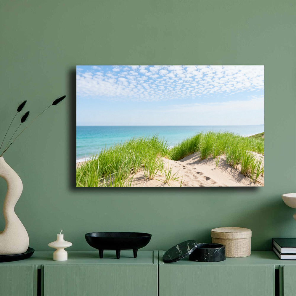 Dune Grass and Sea canvas wall art, mockup on a green wall.