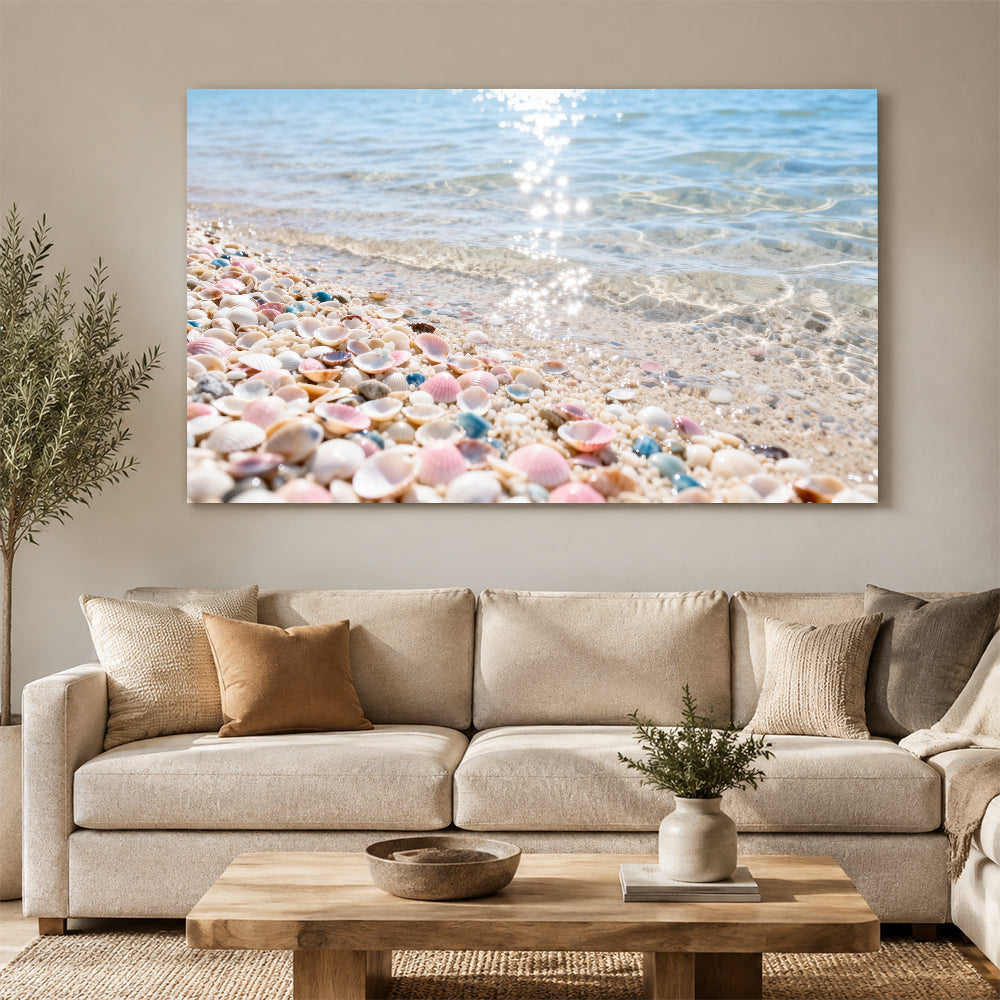 Pastel Shell Shore canvas wall art, living room mockup above a sofa.