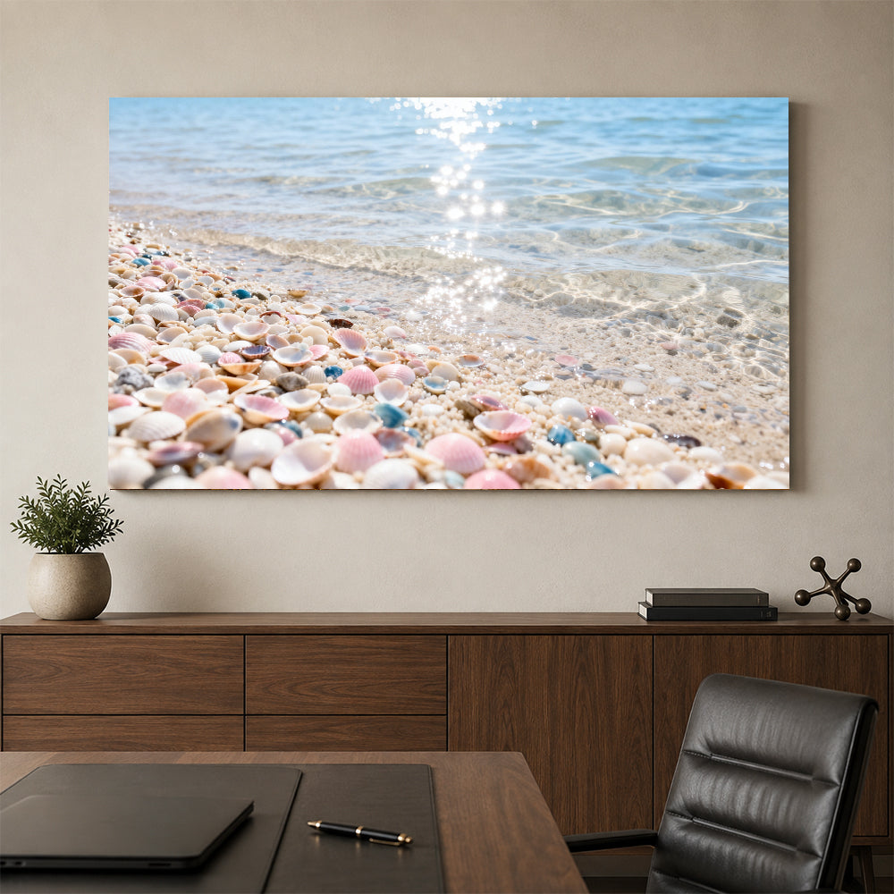 Pastel Shell Shore canvas wall art, office mockup above a desk.