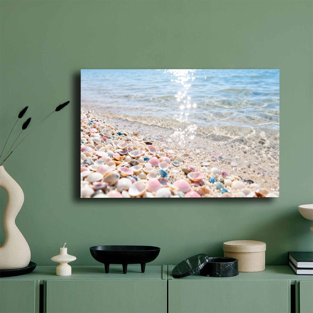 Pastel Shell Shore canvas wall art, mockup on a green wall.