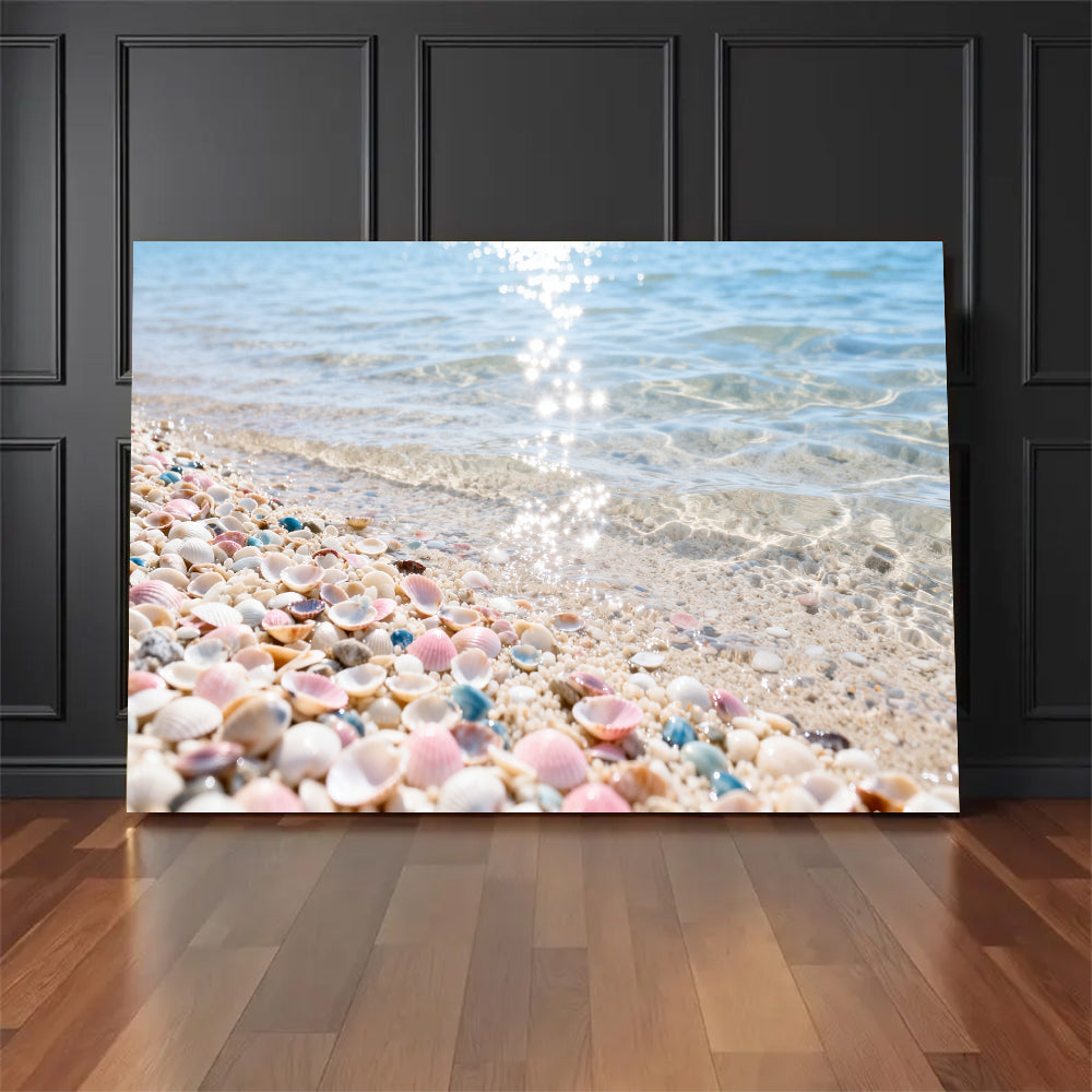 Pastel Shell Shore canvas wall art, floor display against a dark wall.