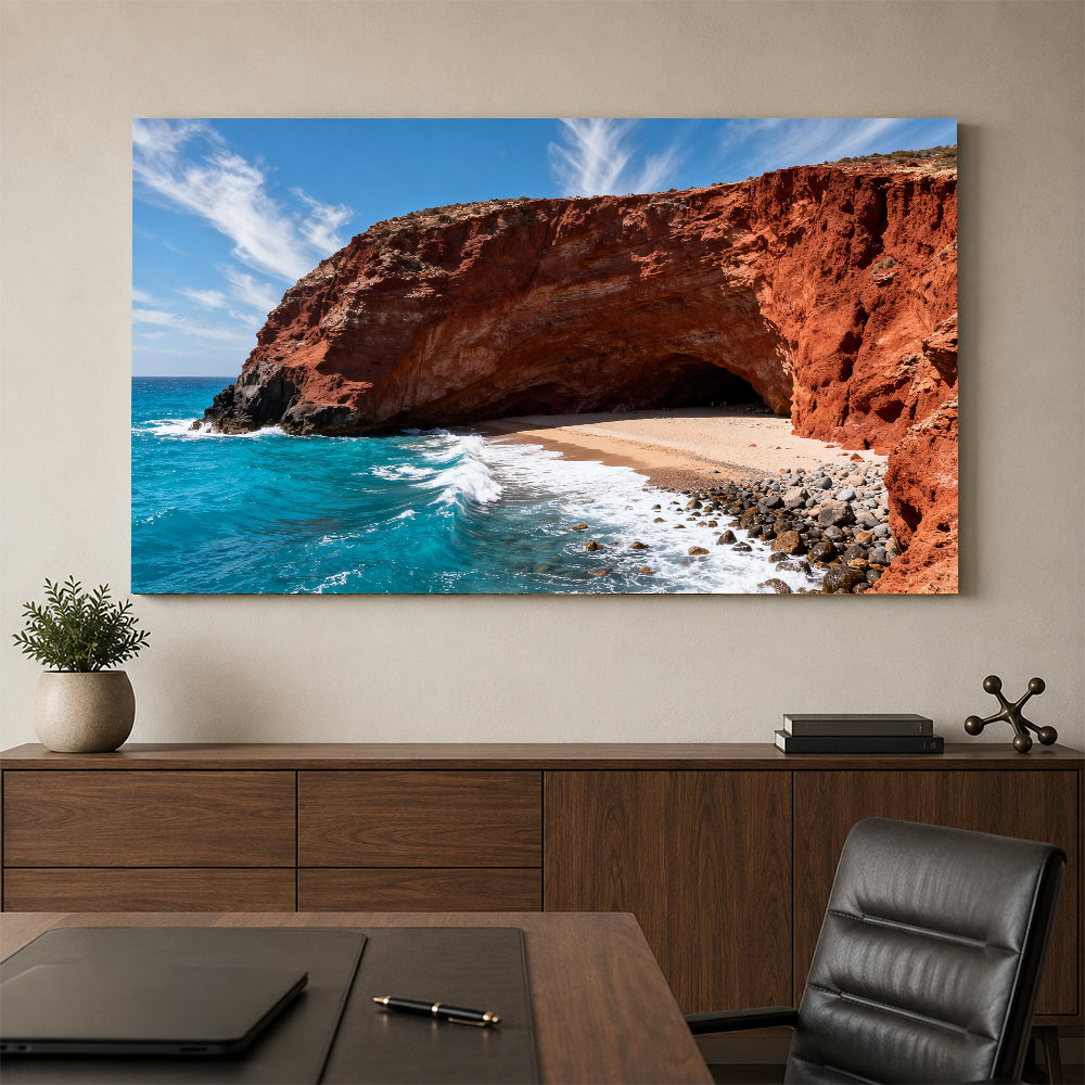 Red Cliff Cove canvas wall art, office mockup above a desk.