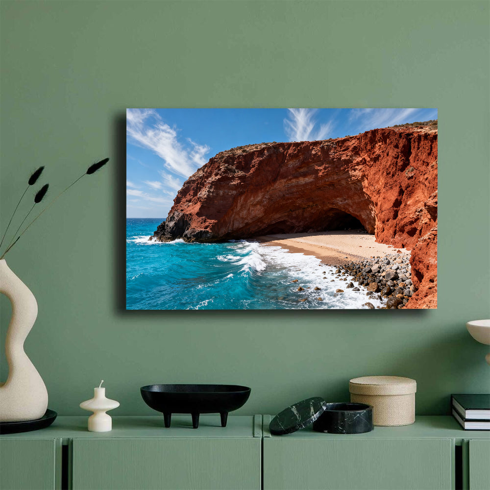 Red Cliff Cove canvas wall art, mockup on a green wall.
