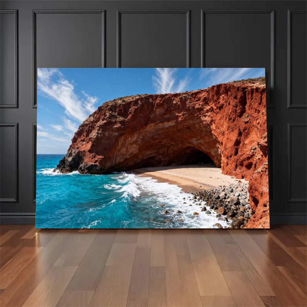 Red Cliff Cove canvas wall art, floor display against a dark wall.