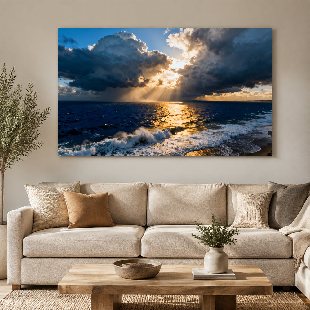 Golden Storm at Sea canvas wall art, living room mockup above a sofa.
