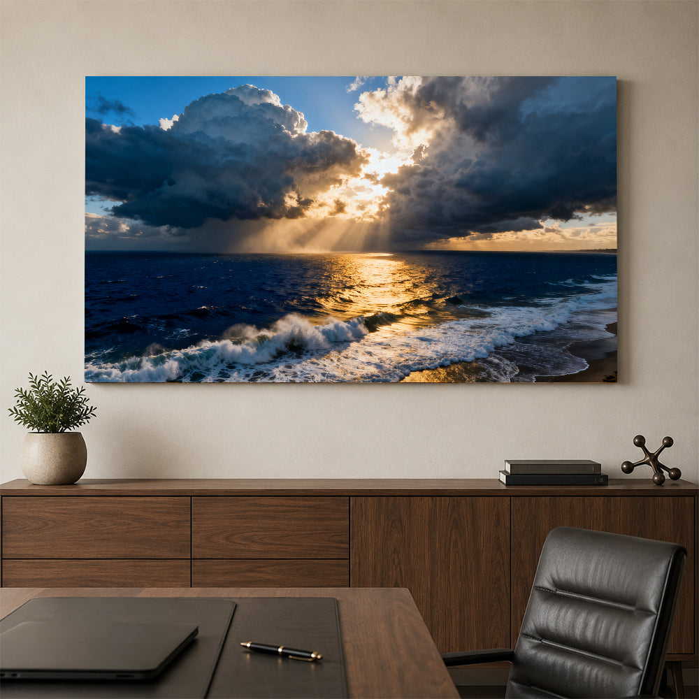 Golden Storm at Sea canvas wall art, office mockup above a desk.