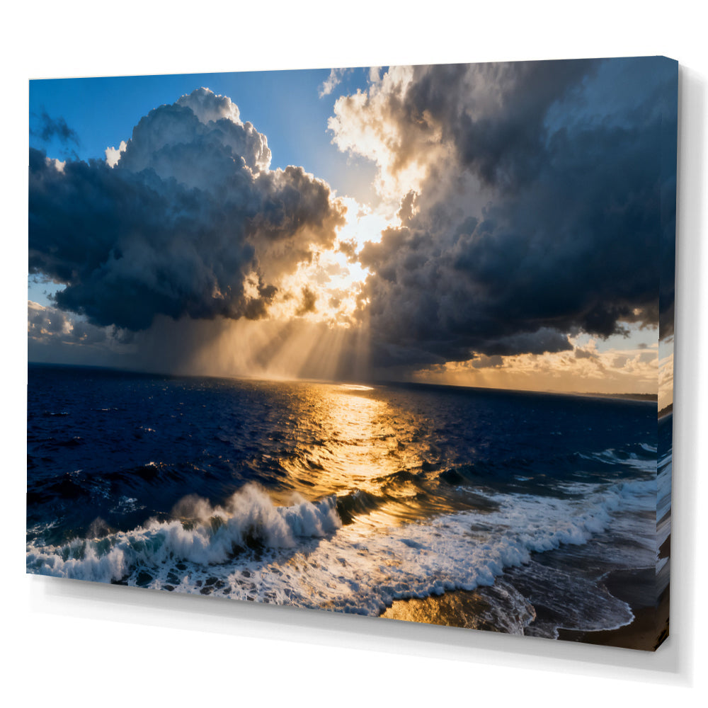 Golden Storm at Sea canvas wall art, angled canvas mockup on a white background.
