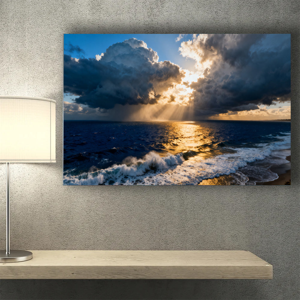 Golden Storm at Sea canvas wall art, wall mockup above a console.