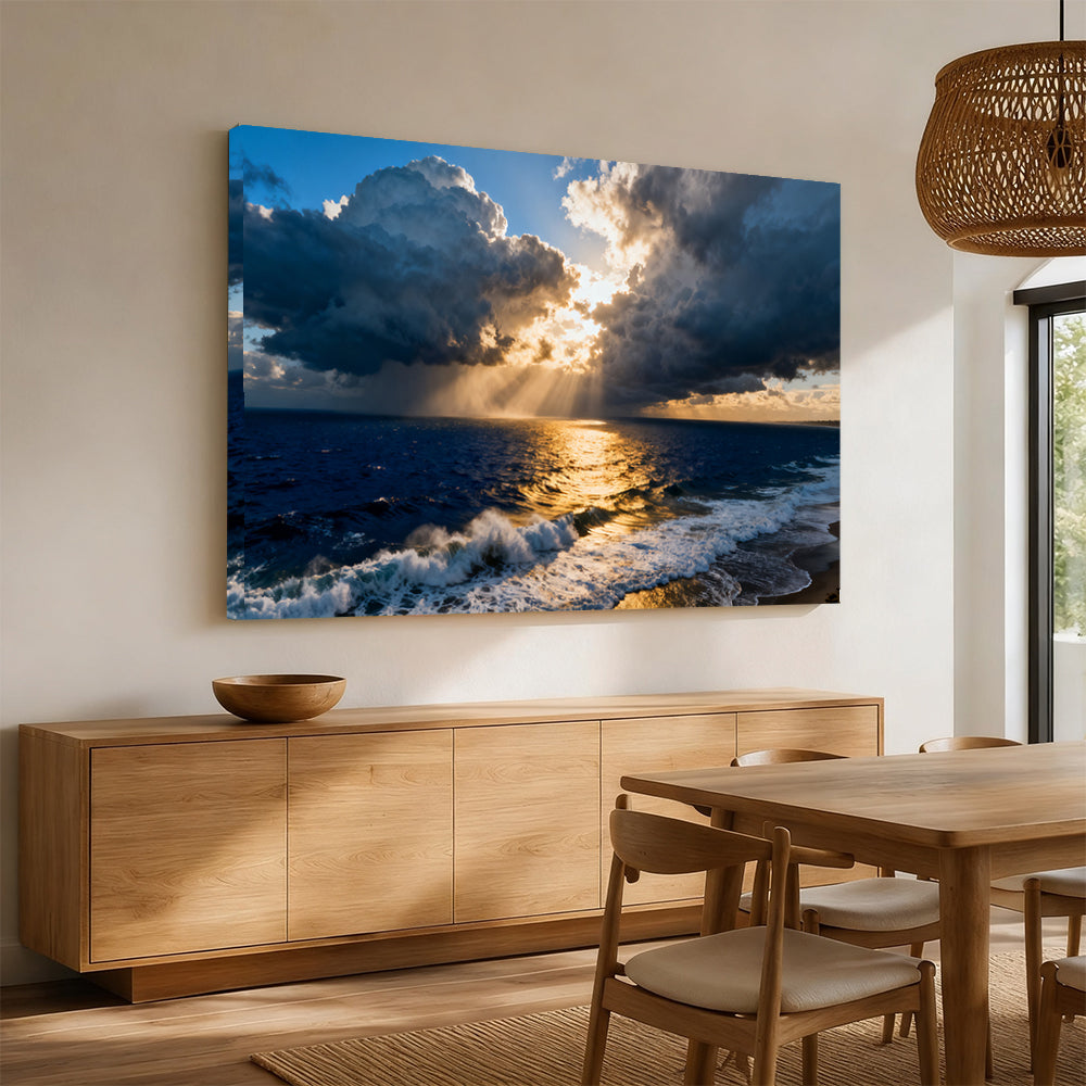 Golden Storm at Sea canvas wall art, angled mockup above a sideboard.