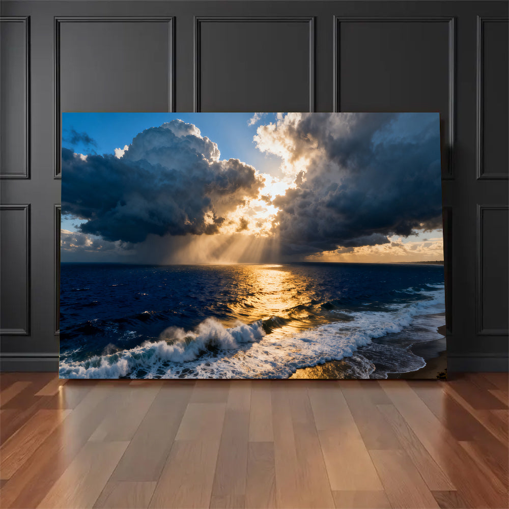 Golden Storm at Sea canvas wall art, floor display against a dark wall.