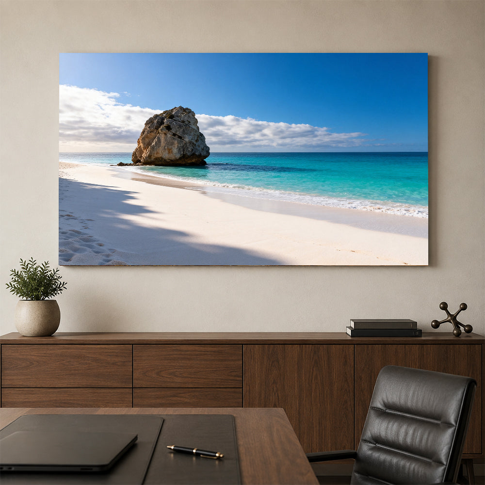 White Beach Rock canvas wall art, office mockup above a desk.