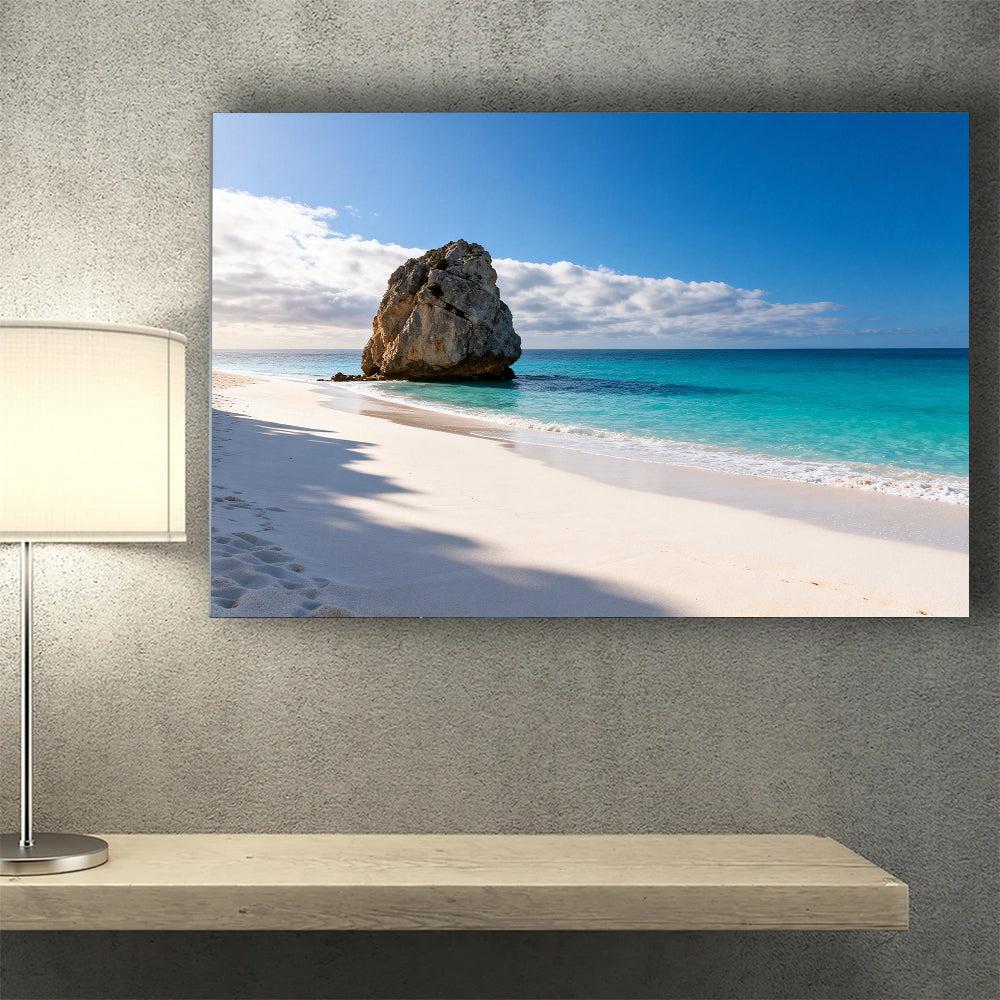 White Beach Rock canvas wall art, wall mockup above a console.