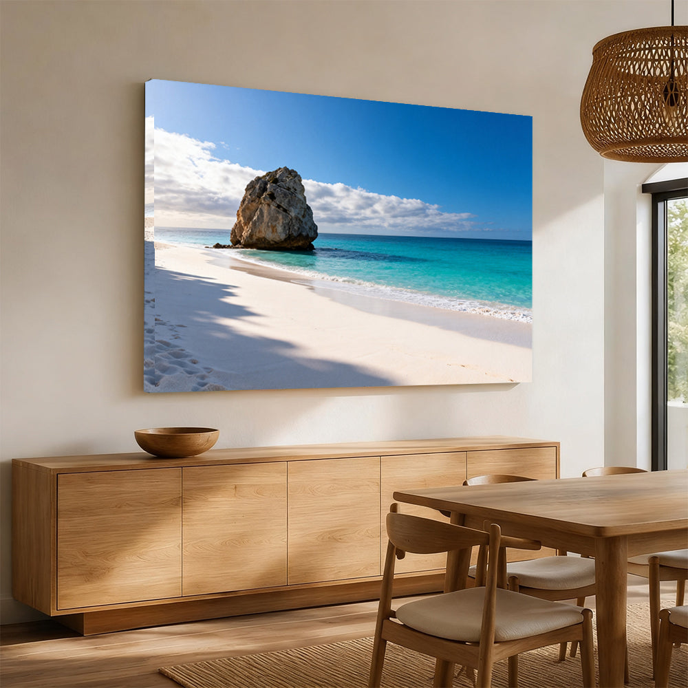 White Beach Rock canvas wall art, angled mockup above a sideboard.