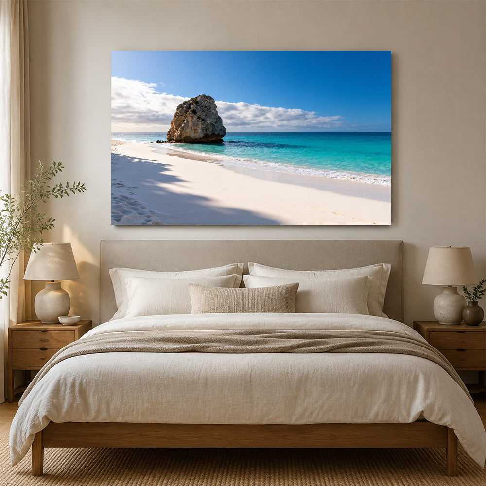 White Beach Rock canvas wall art, bedroom mockup above a bed.
