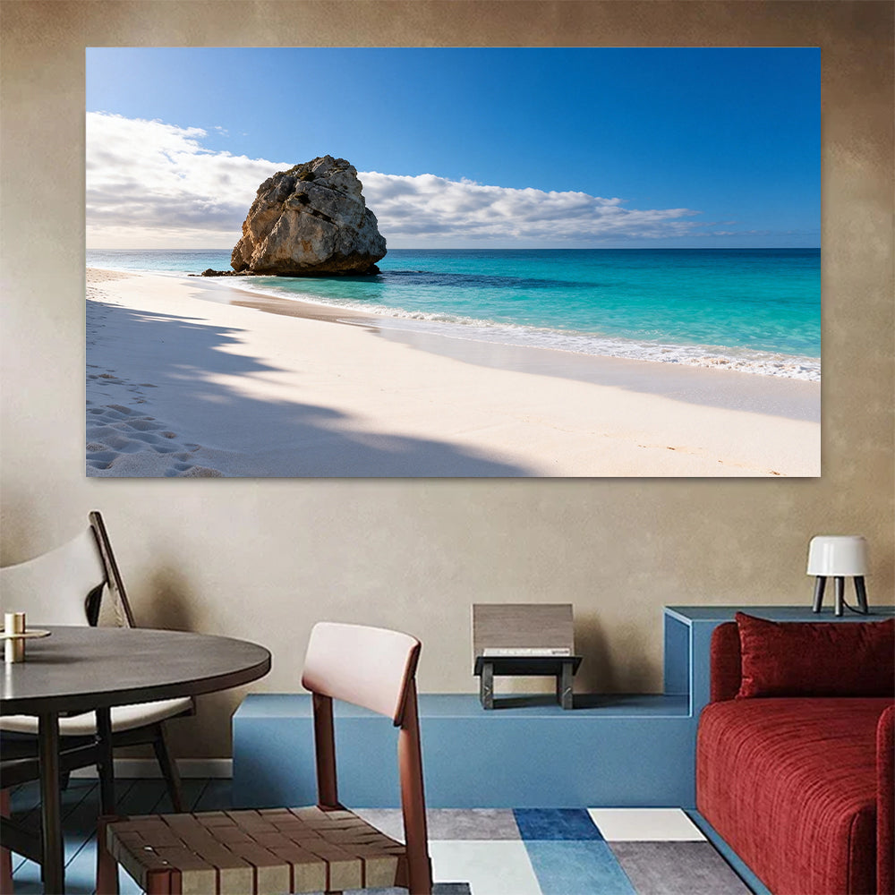 White Beach Rock canvas wall art, colorful room mockup.