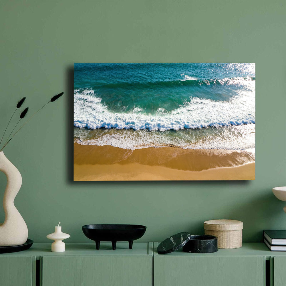 Emerald Wave from Above canvas wall art, mockup on a green wall.