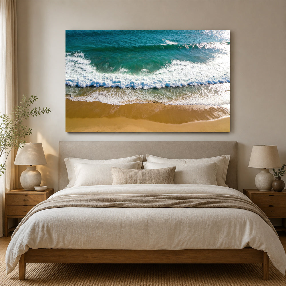Emerald Wave from Above canvas wall art, bedroom mockup above a bed.