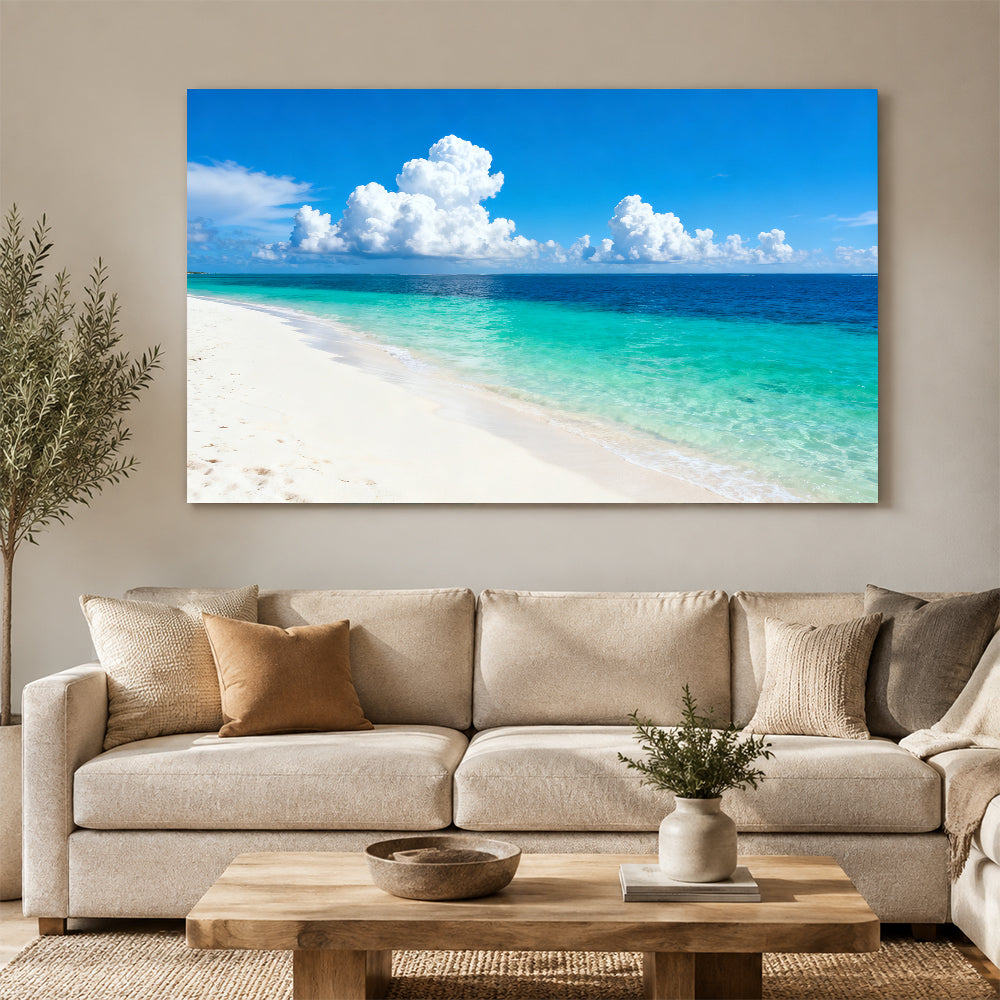 Bright Island Horizon canvas wall art, living room mockup above a sofa.