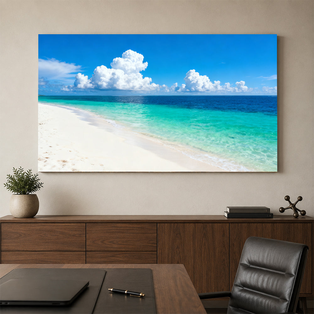 Bright Island Horizon canvas wall art, office mockup above a desk.