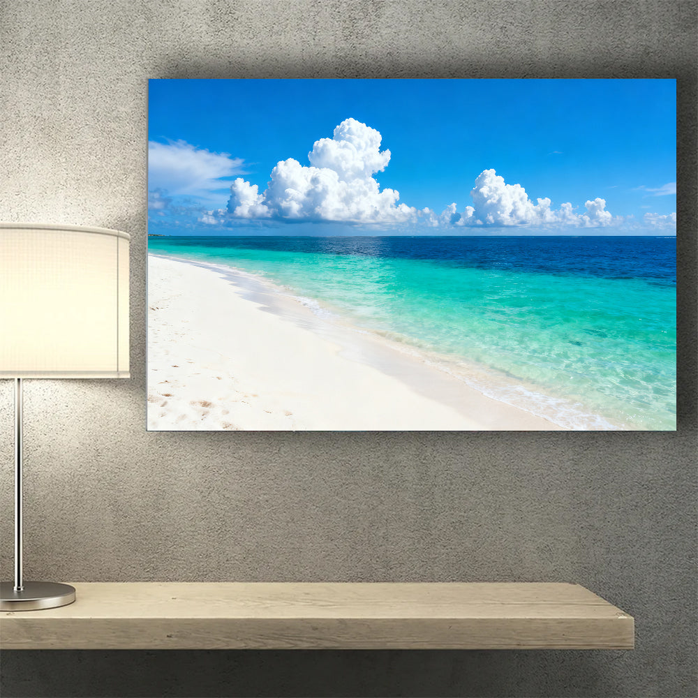 Bright Island Horizon canvas wall art, wall mockup above a console.