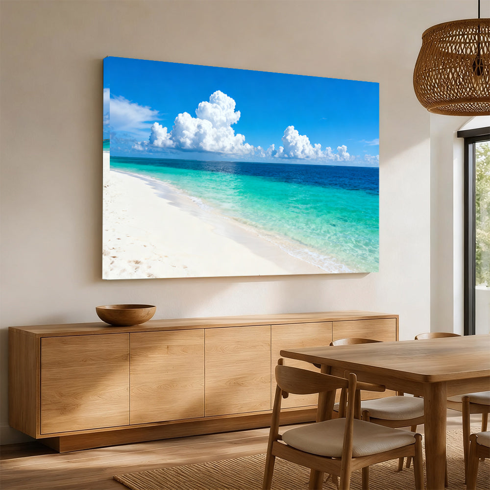 Bright Island Horizon canvas wall art, angled mockup above a sideboard.