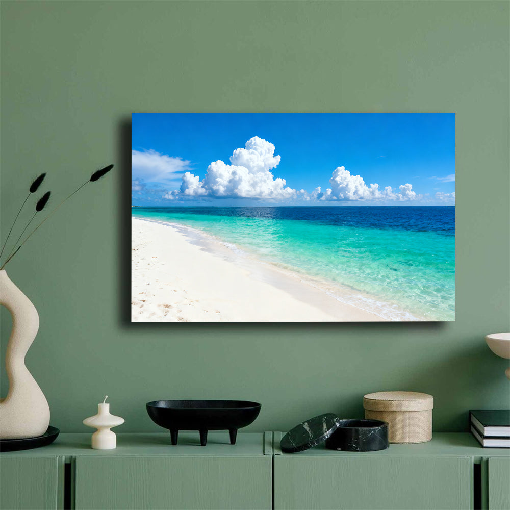 Bright Island Horizon canvas wall art, mockup on a green wall.