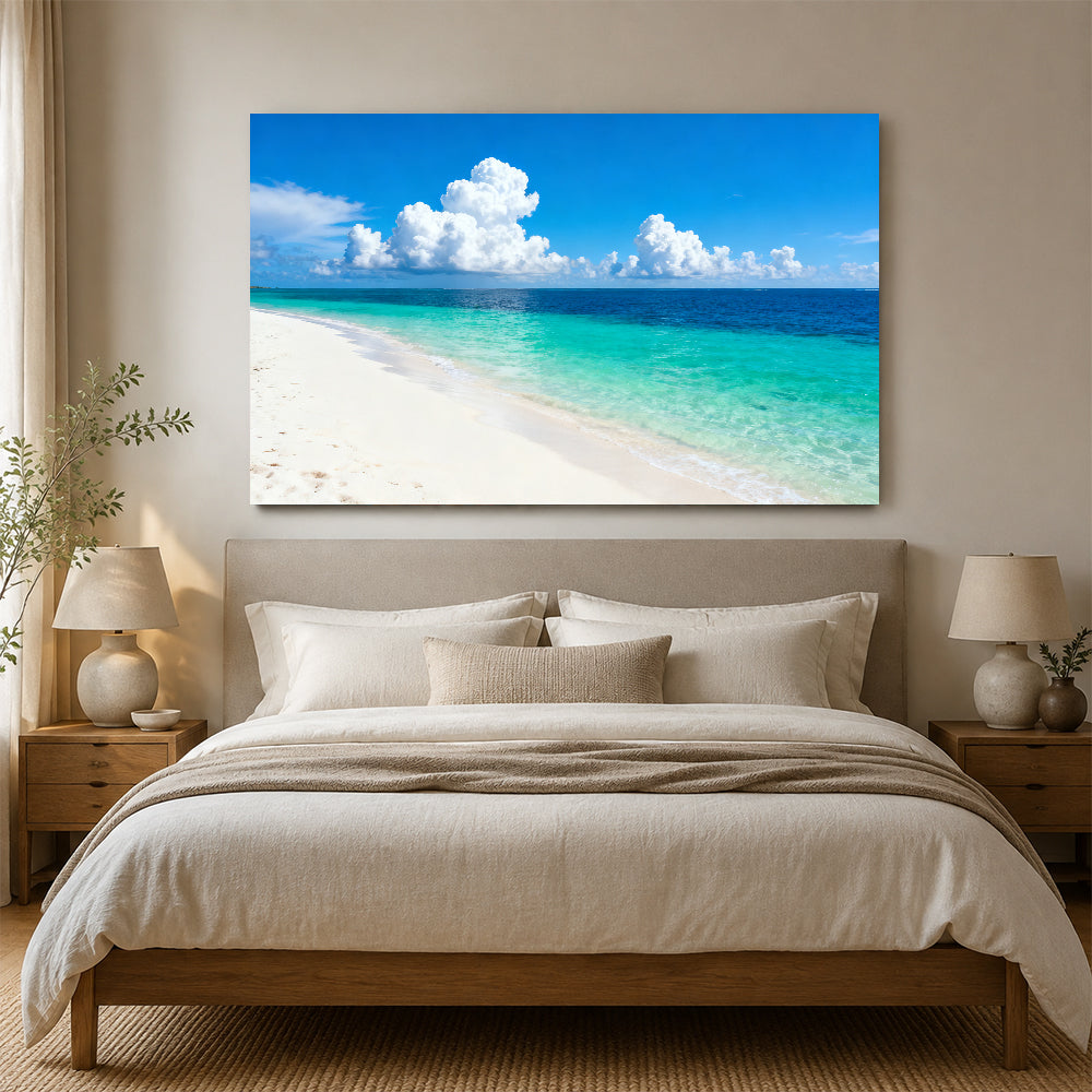 Bright Island Horizon canvas wall art, bedroom mockup above a bed.