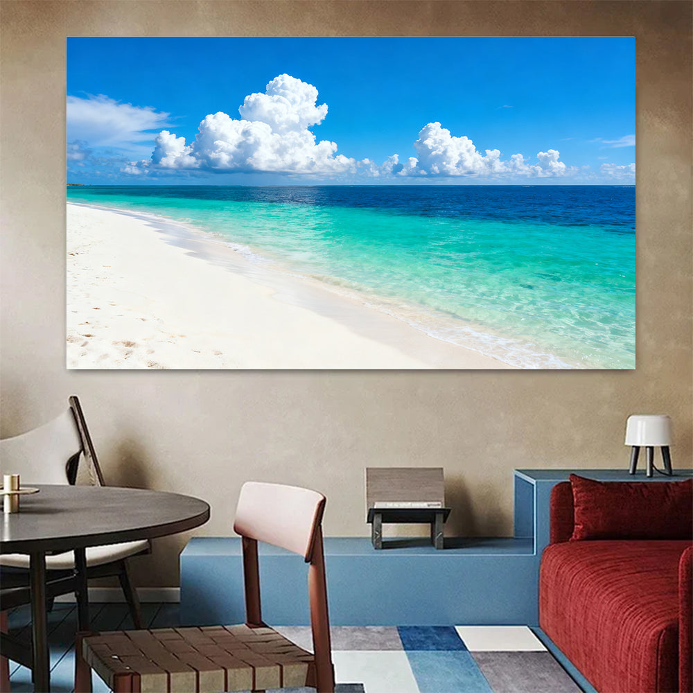 Bright Island Horizon canvas wall art, colorful room mockup.