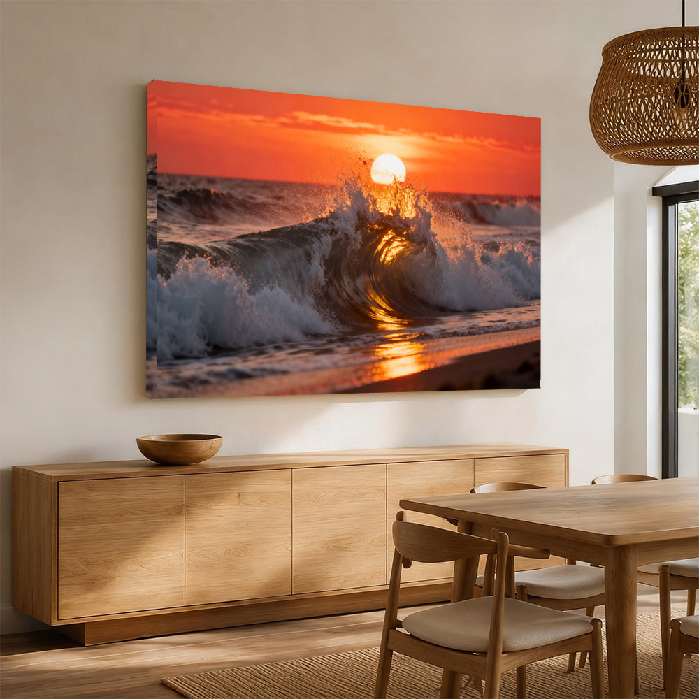 Sunset Wave Crest canvas wall art, angled mockup above a sideboard.