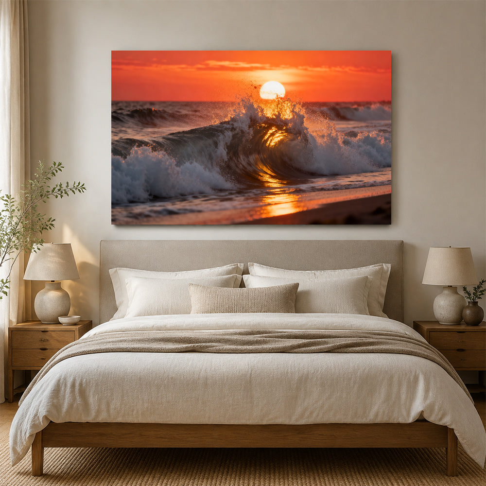 Sunset Wave Crest canvas wall art, bedroom mockup above a bed.
