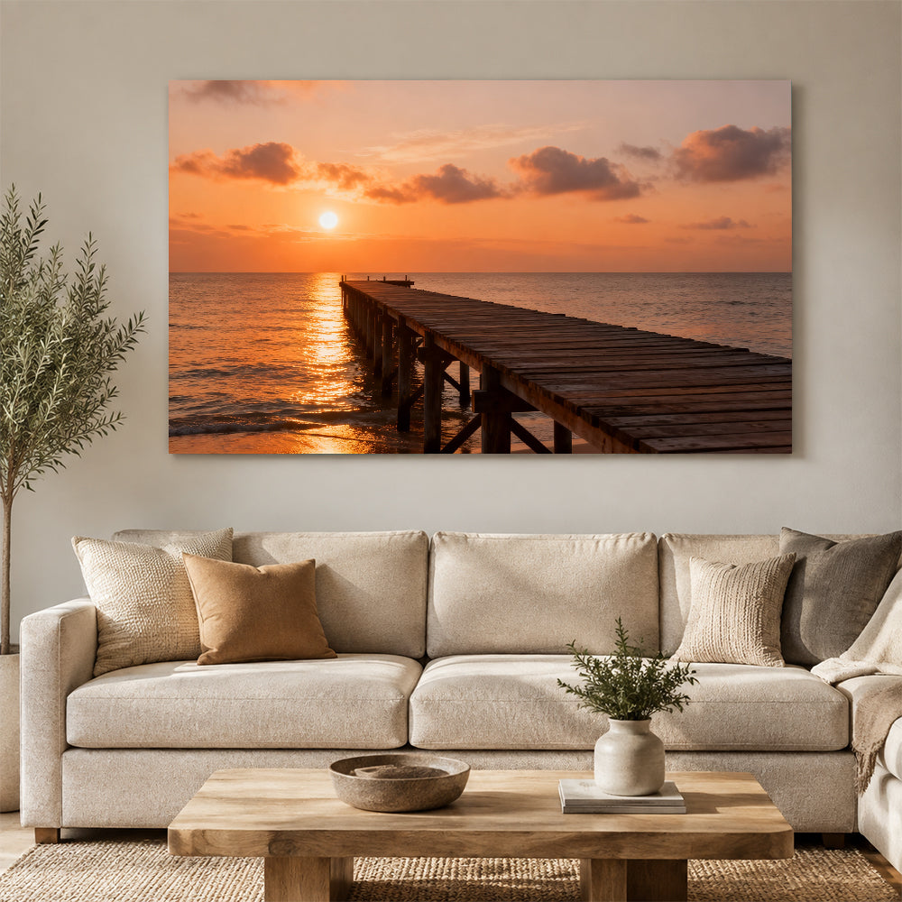 Quiet Sunset Pier canvas wall art, living room mockup above a sofa.