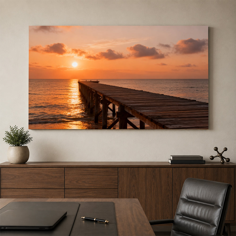 Quiet Sunset Pier canvas wall art, office mockup above a desk.
