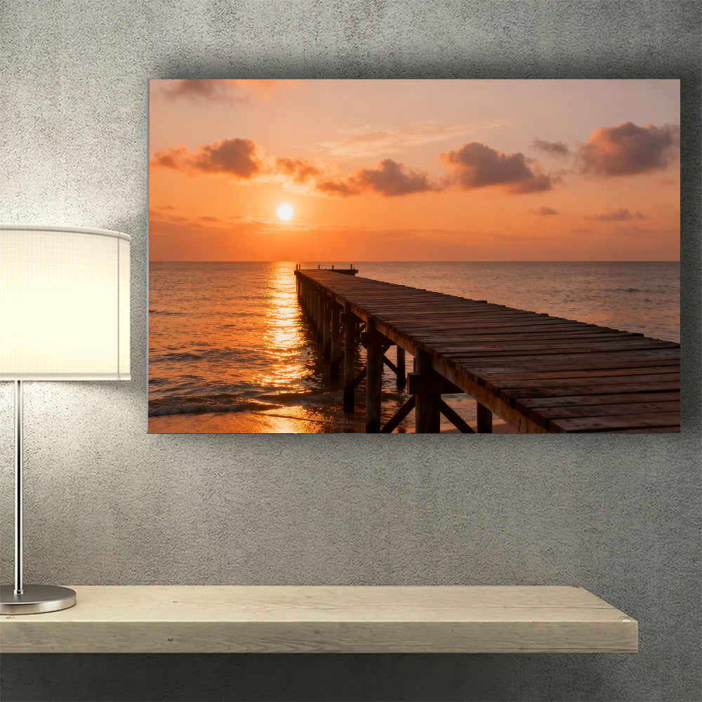 Quiet Sunset Pier canvas wall art, wall mockup above a console.
