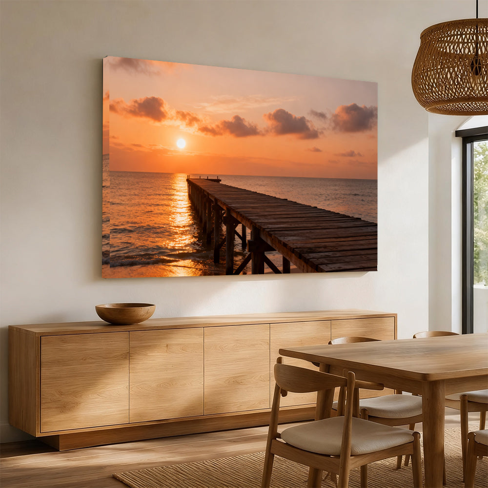 Quiet Sunset Pier canvas wall art, angled mockup above a sideboard.