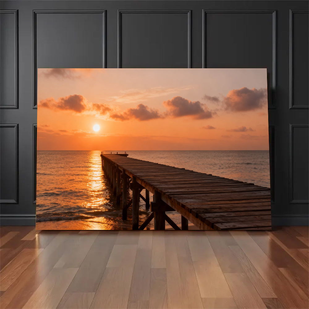Quiet Sunset Pier canvas wall art, floor display against a dark wall.