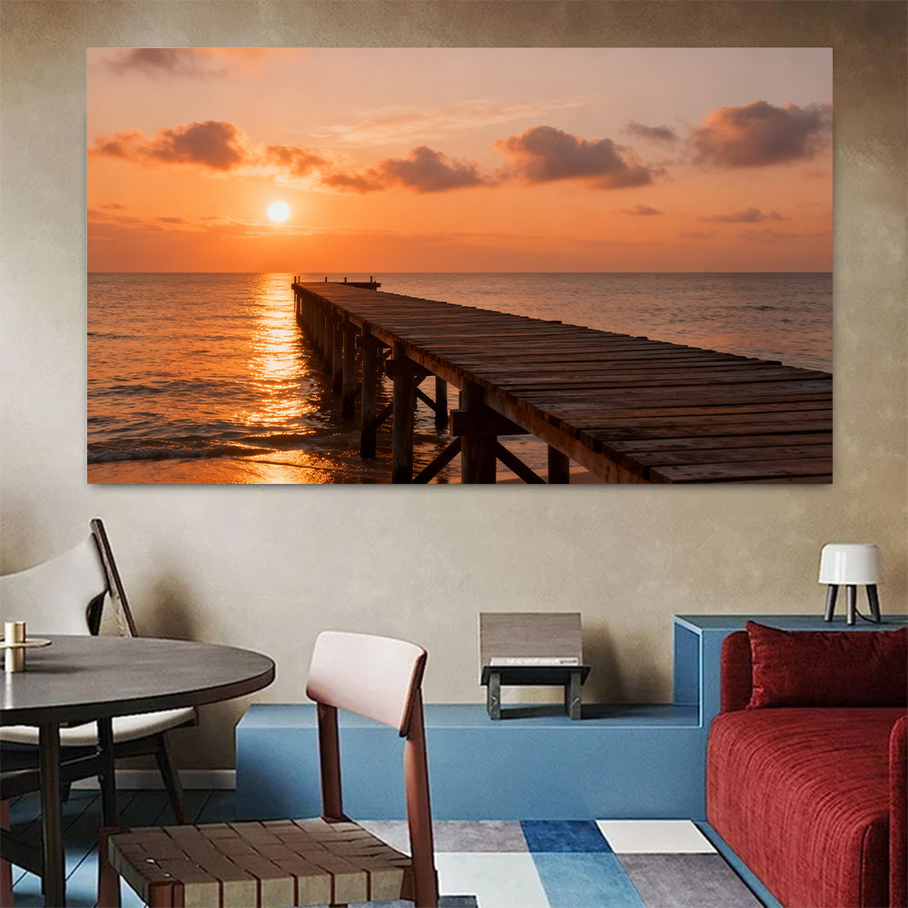 Quiet Sunset Pier canvas wall art, colorful room mockup.
