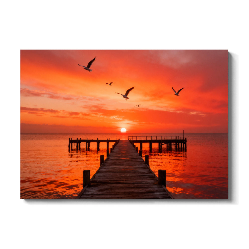 Seabirds over Crimson Pier canvas wall art, front view on a white background.