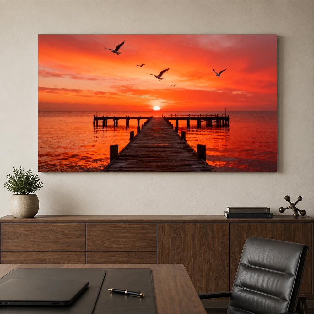 Seabirds over Crimson Pier canvas wall art, office mockup above a desk.