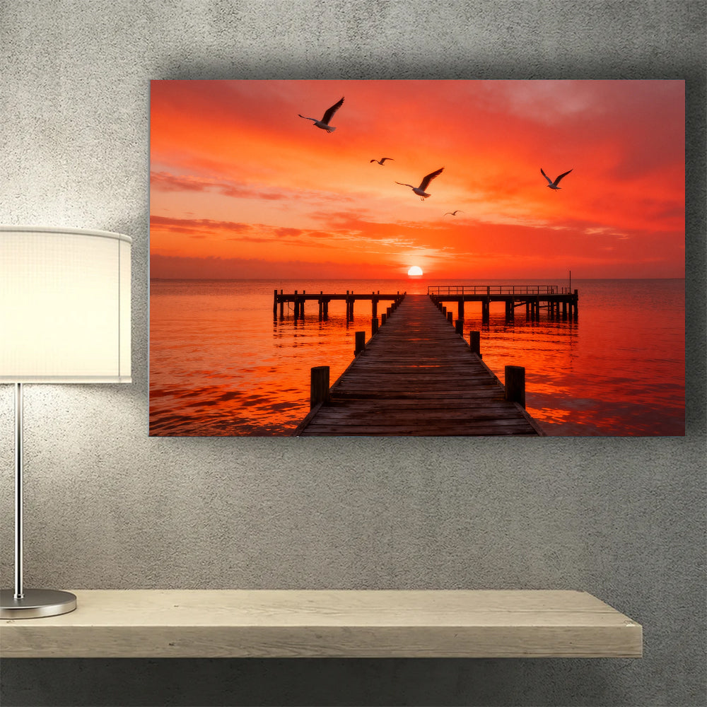 Seabirds over Crimson Pier canvas wall art, wall mockup above a console.