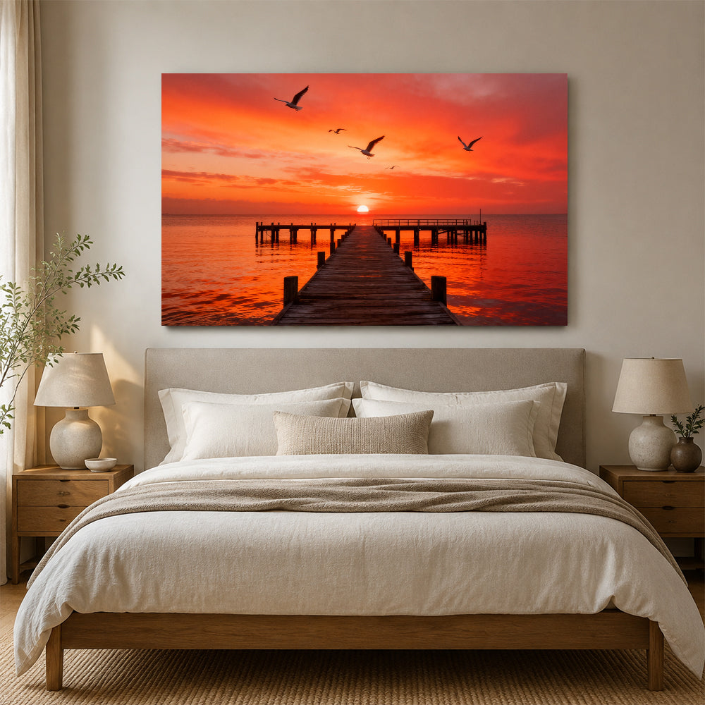 Seabirds over Crimson Pier canvas wall art, bedroom mockup above a bed.