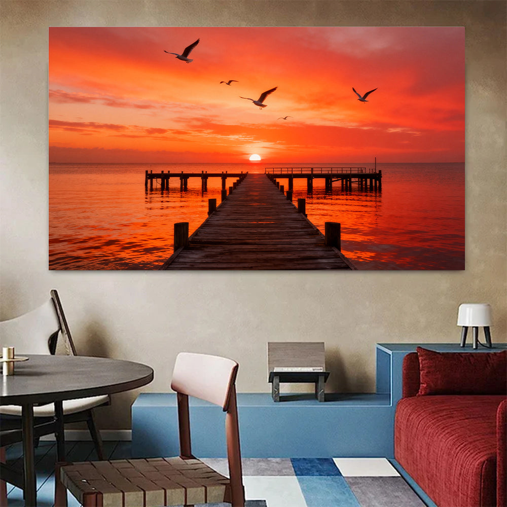 Seabirds over Crimson Pier canvas wall art, colorful room mockup.