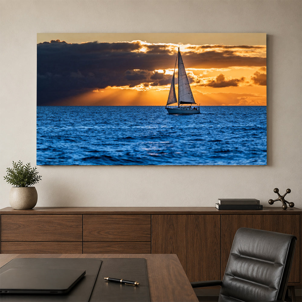 Sailing into Golden Light canvas wall art, office mockup above a desk.